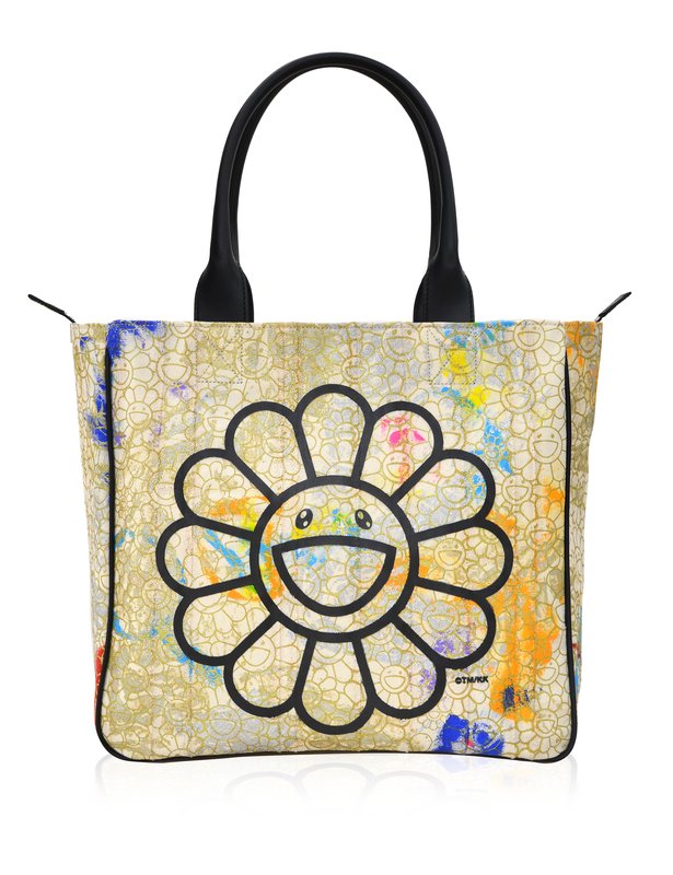 Takashi Murakami - Canvas Handbag - Gold flowers / black artwork / rainbow skulls interior for ...