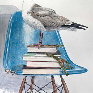 Black Headed Gull on Blue Chair art for sale