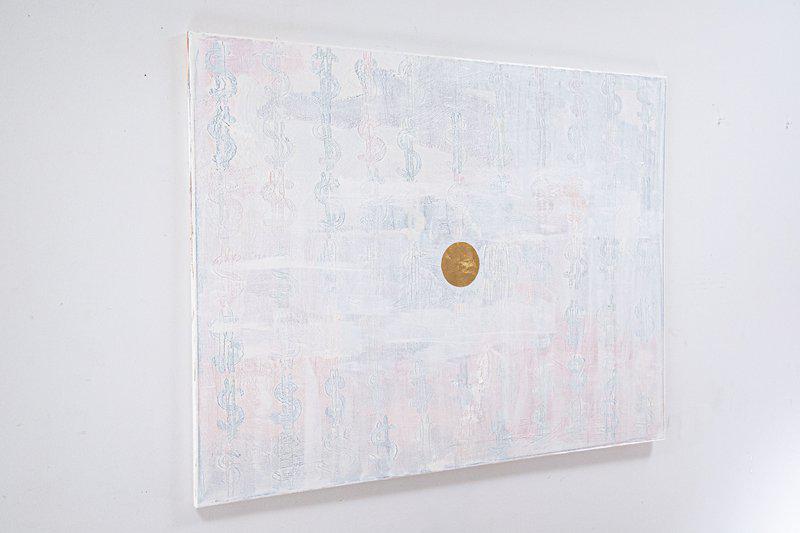 view:47536 - Yuri Figueroa, Snow Money - White Dollar Sign Abstract Painting with Gold Leaf - 