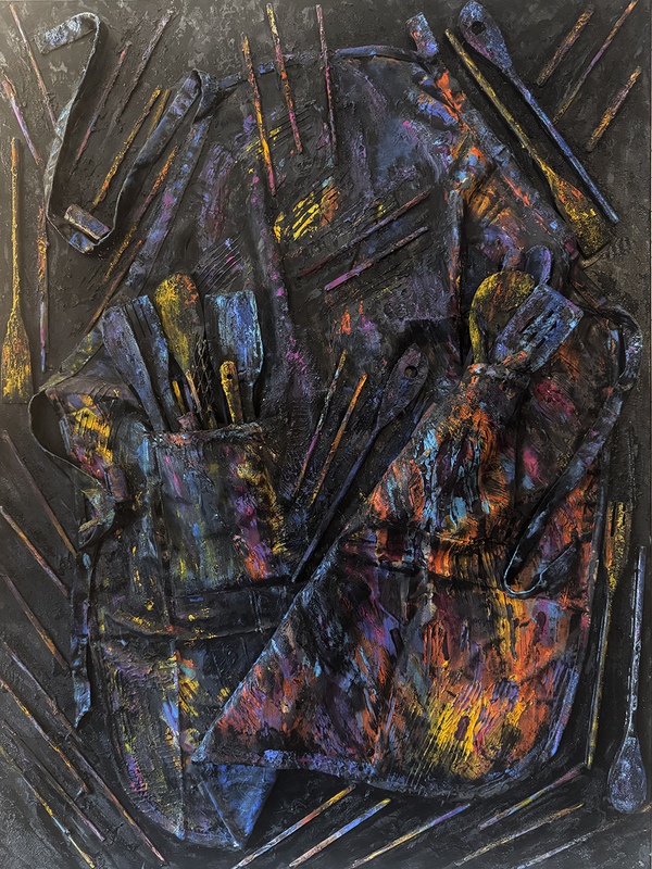 picture of the exhibition location "The Sous Chef" acrylics, mixed media assemblage 40” x 30” x 1.5”