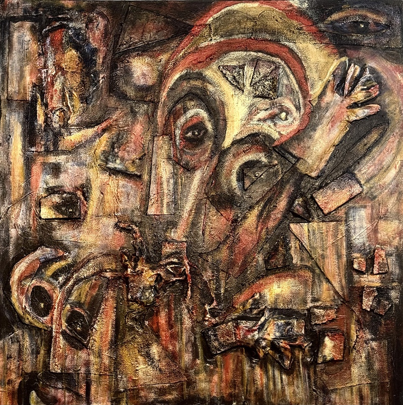 picture of the exhibition location Bi-polar Boogie Woogie (Mania)   acrylics, mixed media assemblage 36” x 36” x 1.5”