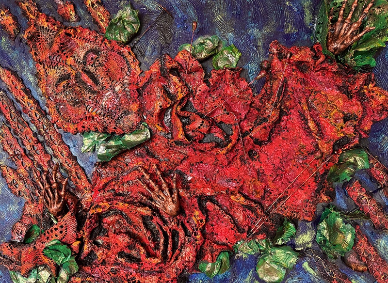 picture of the exhibition location "Midnight Voodoo" acrylics, mixed media assemblage. 30” x 40” x 1.5”