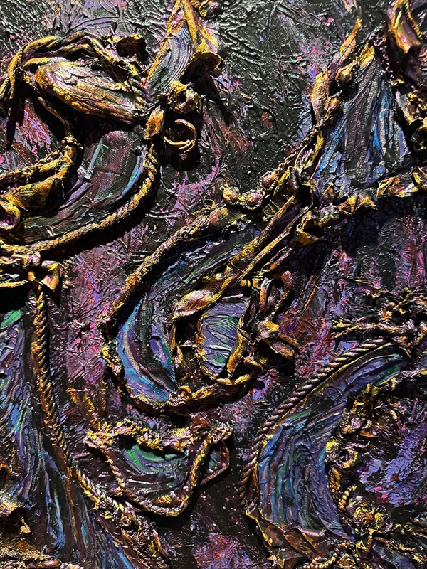 picture of the exhibition location Madame La Nijinska’s Final Ballet  acrylics, mixed media assemblage 24” x 24” x 1.5”