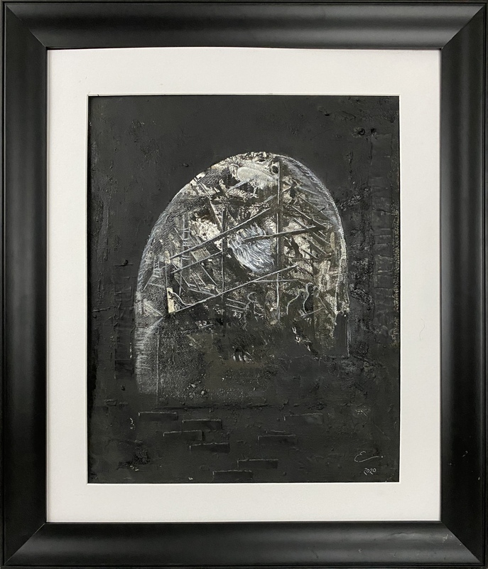 picture of the exhibition location Shipwreck Mixed Media including acrylic, watercolor, pencil, charcoal, tape, sand 28" x 24" 2020. retail price:$2,100