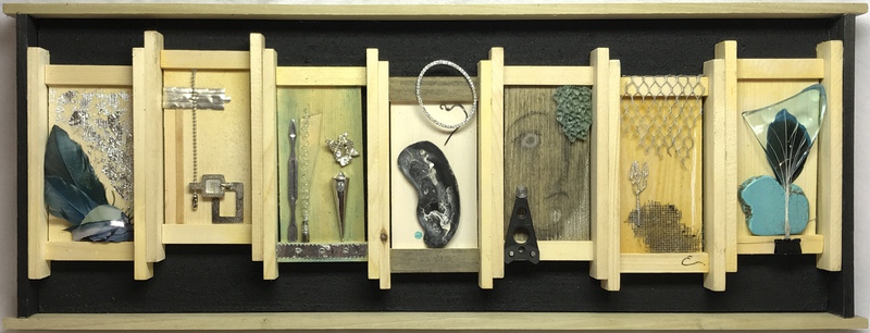 picture of the exhibition location Let the Credit go Mixed Media including wood, various metals, bits of broken glass, ceramic, silver leaf, feathers, mussel shell, mother-of-pearl, plastic, rhinestones, cat whiskers, charcoal, pastels, watercolor 8" x 21" x 1.5" 2019. retail price:$680