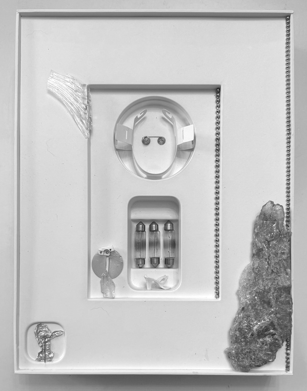 picture of the exhibition location Work in Progress Mixed Media including iPad Pro 13 box, various metals, glass, plastic, quartzite, paper 16" x 13" x 3" 2024.retail price:$1,200