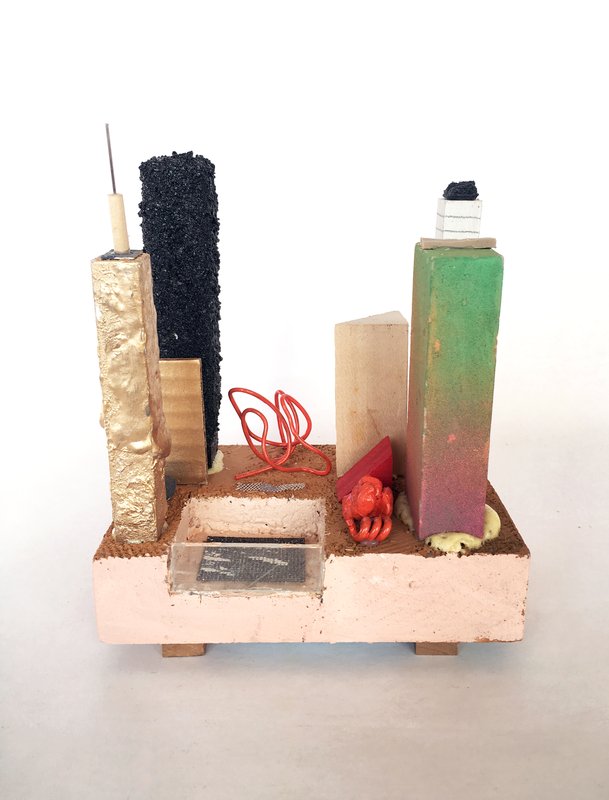 picture of the exhibition location "Life in Cities: Corporate Sponsors, Public Sectors, Tech Corridors", 2019, Foam, wood, metal, plastic, acrylic paint, graphite, 6 1/2 W x 4 1/4 D x 7 1/2 H in.