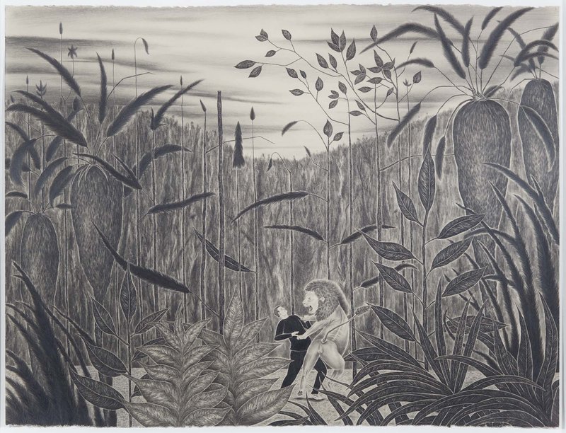 show image - Invented Tropical Landscape-American Man Struggling with Lion (After Rousseau)
