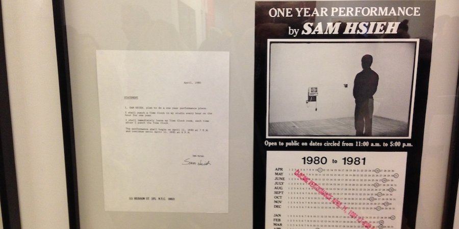Documentation from Tehching Hsieh's second legendary "One Year Performance" in 1980 in which he punched a time clock in his studio every hour on the hour and then left the room