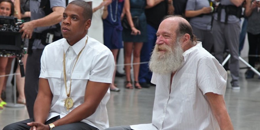 Jay-Z with artist Lawrence Weiner during the filming of the "Picasso Baby" video