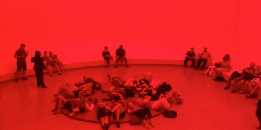 The Artspace staff took a field trip to the Guggenheim this week to see the James Turrell show. Here, the crowd takes in the artist's "Aten Reign" rotunda installation.