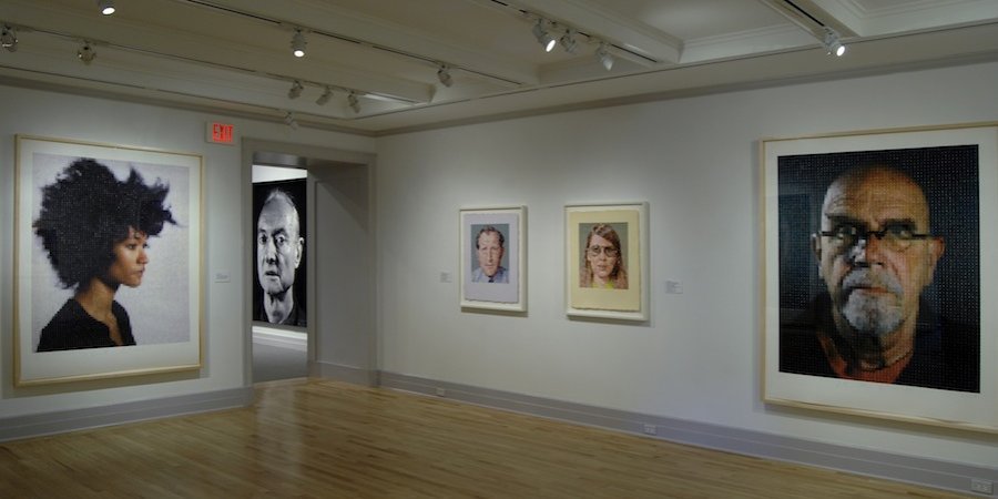 In this gallery, from left: "Sienna" (2012), "Nat/Felt Hand Stamp" (2011), "Susan/Felt Hand Stamp" (2011), "Self-Portrait (Pink T-Shirt)" (2013)