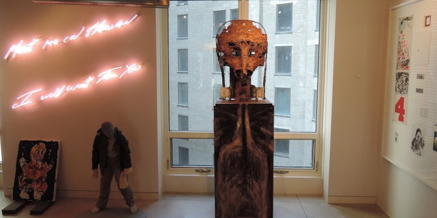 From left, a Tracey Emin neon piece, a Huma Bhaba sculpture, and an Amada Ross-Ho piece in which the artist placed photographs and other memorabilia from her personal life on a pegboard, as if they were a craftsman's tools