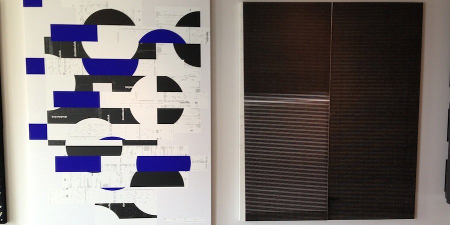 The Riedel and a Wade Guyton inkjet painting