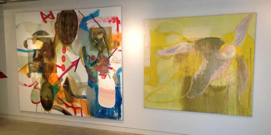 An abstraction by Albert Oehlen and, to the right, a Charlene von Heyl that the artist sees as a self-portrait as a donkey