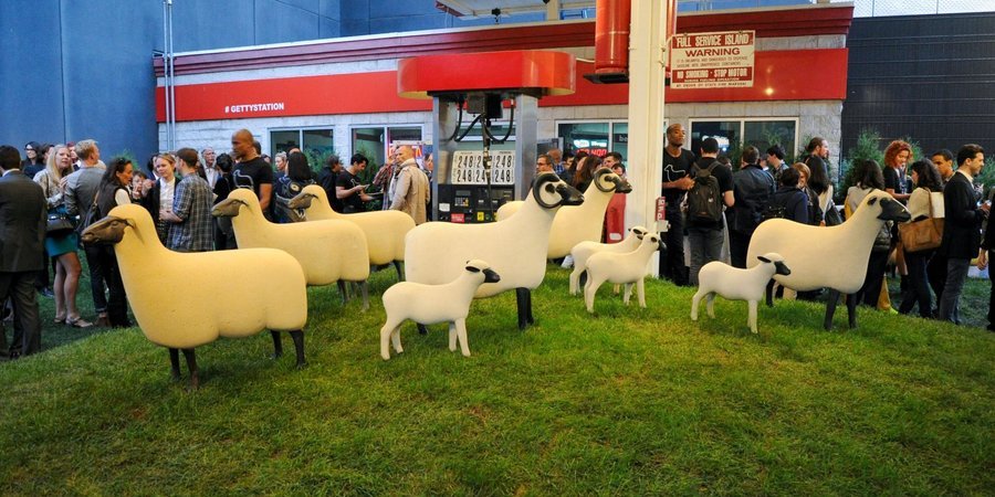 Francois-Xavier Lalanne's "Sheep Station" at the former Getty gas station, photo by Billy Farrell