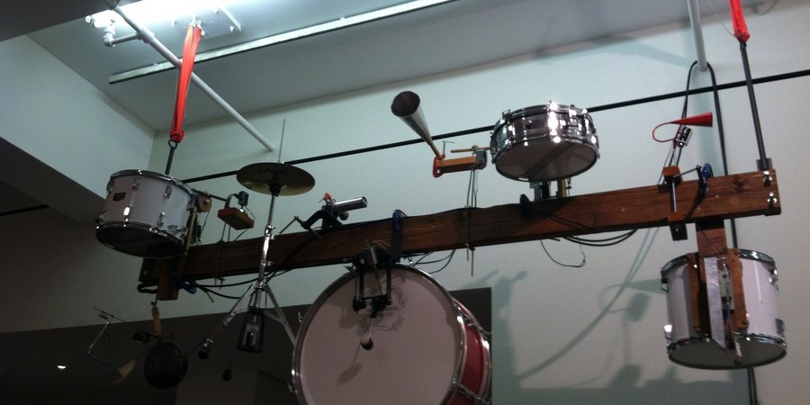 "Untitled (Drum machine)," 2012, hangs over the entrance of the gallery.