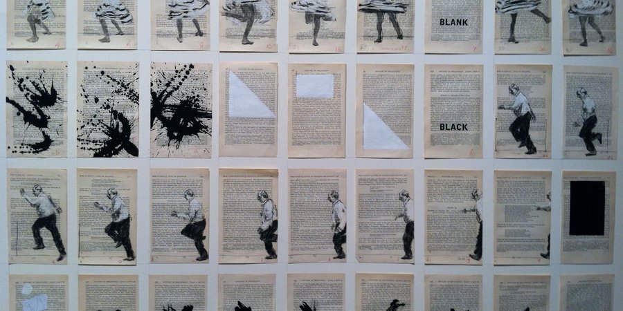In "Blanc Blank Black," 2013, Kentridge uses book pages for charcoal and pastel drawings.