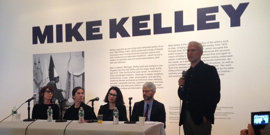 Mary Clare Stevens, Connie Butler, Ann Goldstein, Peter Eleey, and Klaus Biesenbach introduce the press to Mike Kelley's new retrospective at MoMA PS1