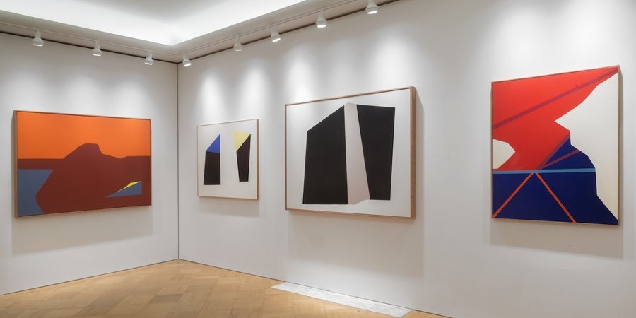 The geometric abstractions in the show are a marked departure for the usually narrative-driven paintings the artist is known for.
