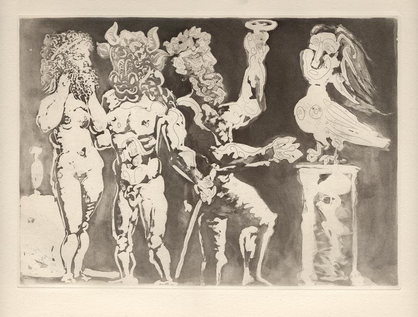 Chez la Pythie-Harpye. Homme au Masque de Minotaure et Femme au Masque de Sculpteur (S.V. 24)