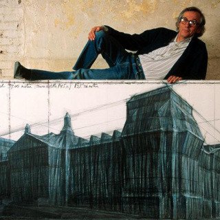 New York City. 1993. The artist Christo with a drawing for his Berlin Reichstag project in his Manhattan studio. art for sale