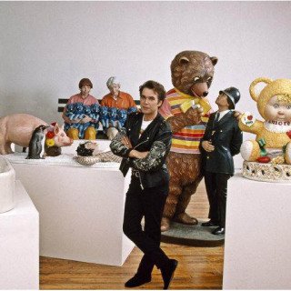  1989. Jeff Koons with collection of his sculptures in New York.  art for sale